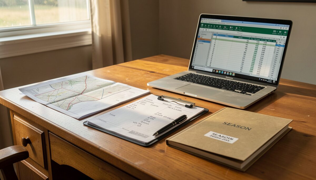 A farm office desk in late afternoon light with a folded paper map marked with unit boundaries, a clipboard of dated field notes, a closed folder labelled with a season code, and a laptop screen showing a spreadsheet with visible totals.