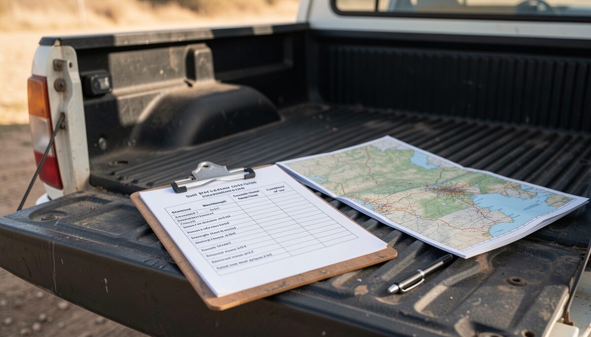 A well-worn clipboard resting on the tailgate of a farm ute, holding a single printed spreadsheet with a dozen rows of land unit names, short strength and weakness entries, and one column for conditions of use, with a folded topographic map and a pen tucked beside it.