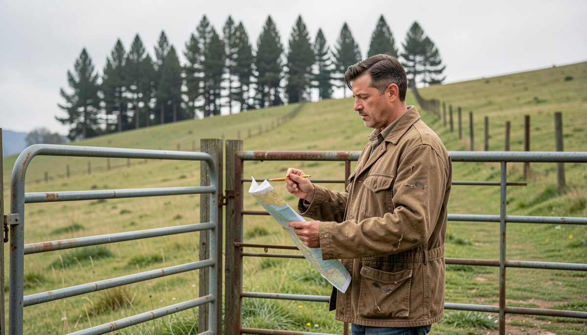 A farmer in a worn oilskin jacket stands at an open farm gate on a grassy hill, holding a folded paper map in one hand and a pencil in the other, with a fence line running up the slope behind and a line of macrocarpas in the distance under a soft overcast sky.