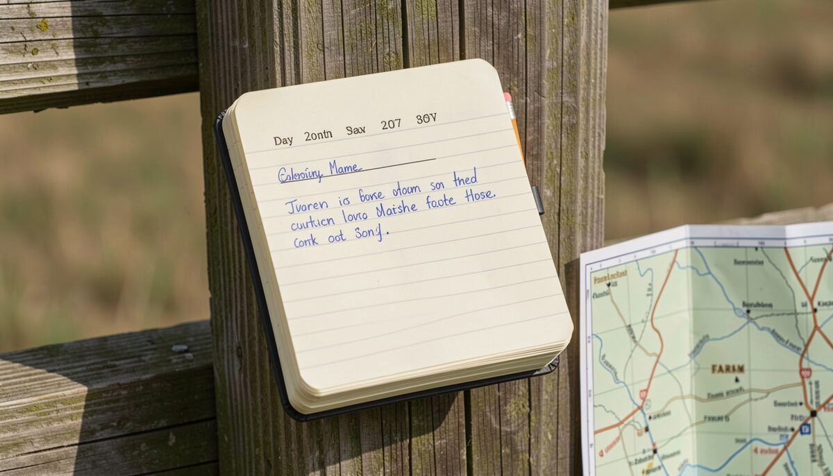A close-up of a handwritten field notebook resting on a wooden fence post, open to a page with a date written at the top in day month year format, a printed name line, and a short observation in blue ink, with a pencil tucked into the spine and a folded paper farm map visible at the edge of the frame under soft daylight.