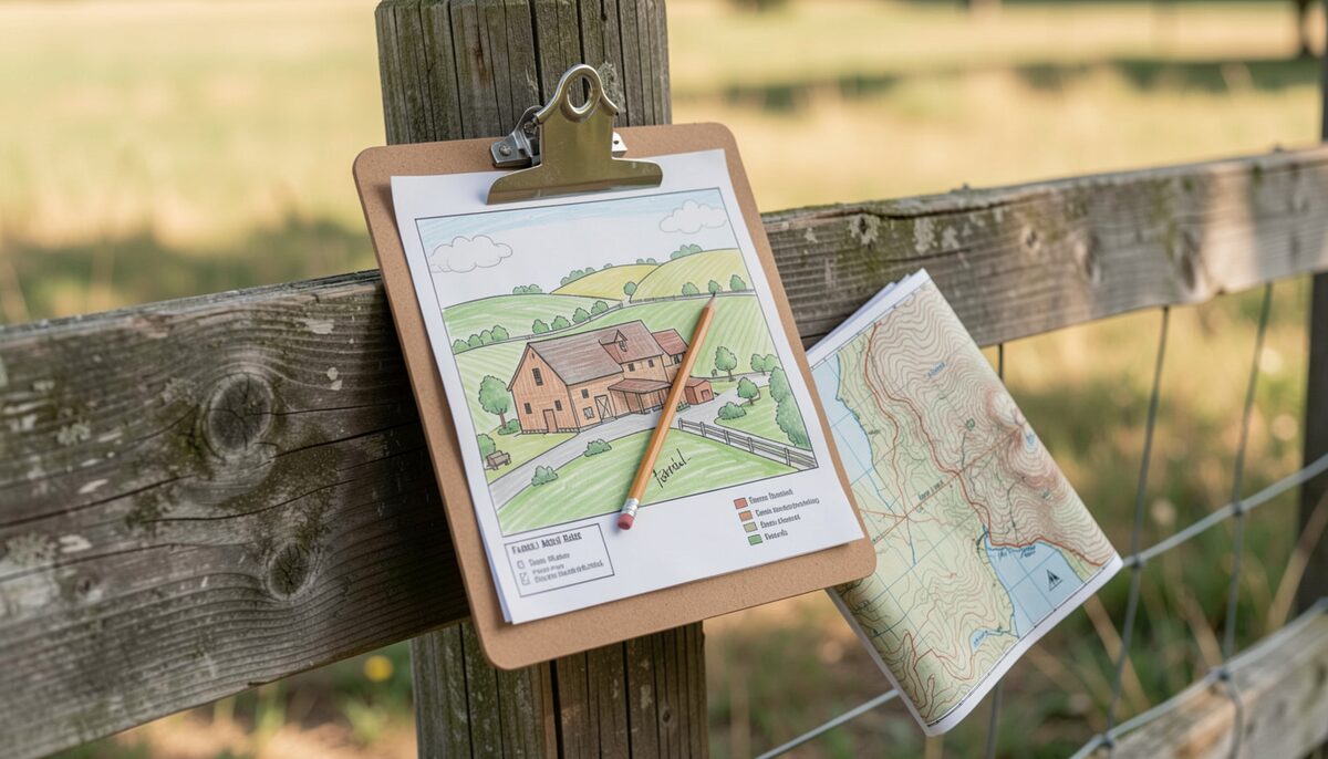 A hand-drawn farm base map on a clipboard resting on a wooden fence post, with a folded topographic map beside it and a pencil laid across the paper.