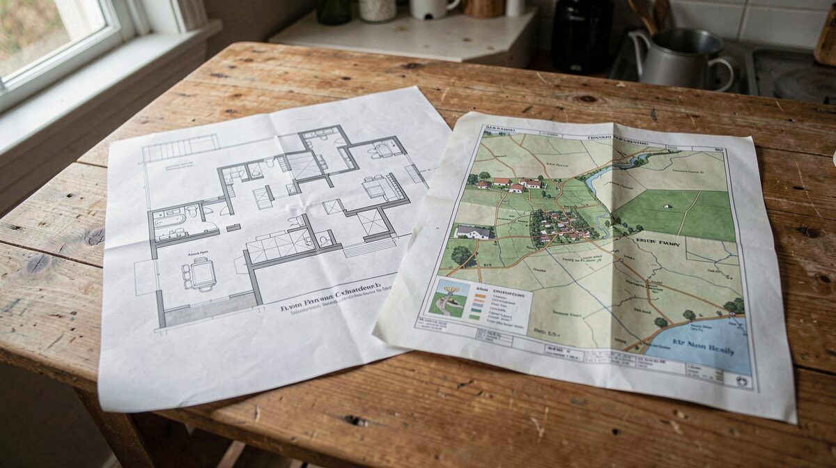 A printed loft floor plan and a folded farm map side by side on a wooden kitchen table, morning light from a window on the left, shot from above