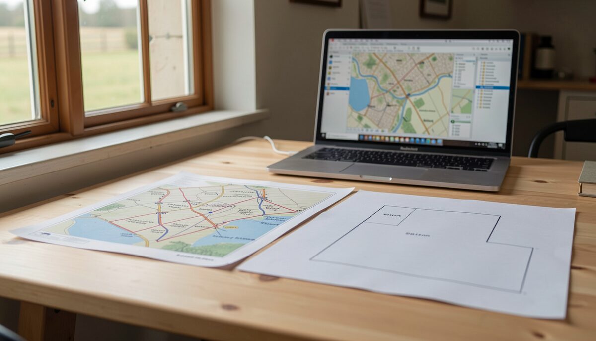 A light wooden desk beside a farmhouse window holding two printed farm maps side by side, one crowded with pencilled fence lines, tracks and waterway annotations, the other clean with only the property boundary and a few marked paddocks, a laptop open behind them showing a map file with a layer list down the side.