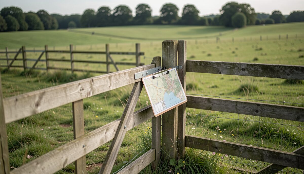 A wooden gate at the corner of a fenced paddock on a green rolling farm, with a laminated map held in one hand and a clipboard resting against the post.