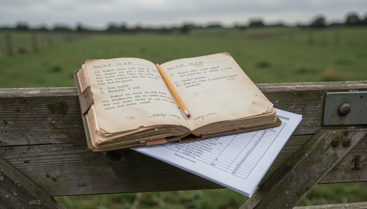 A weathered paper field notebook lying open on a wooden farm gate, its handwritten pages showing dates and brief paddock notes, with a pencil tucked into the spine and a printed spreadsheet page resting underneath, soft overcast daylight and green pasture blurred in the background.