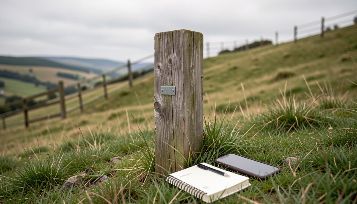 A weathered wooden post with a small metal tag set into a grassy hillside paddock, a stock fence running downhill behind it, an overcast sky and a distant ridge line, with a hand-held notebook and a smartphone resting on the ground beside the post.