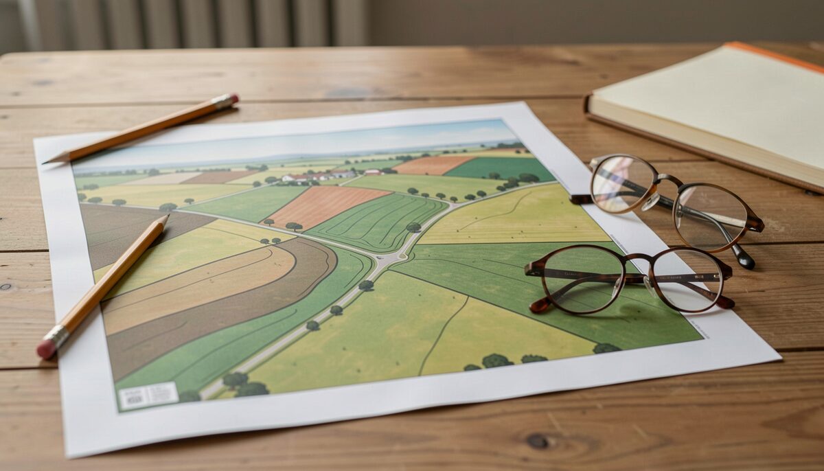 A printed farm map lying on a wooden table beside a pencil, a notebook and a folded pair of reading glasses, with shaded slope and aspect bands visible across the paddock outlines.