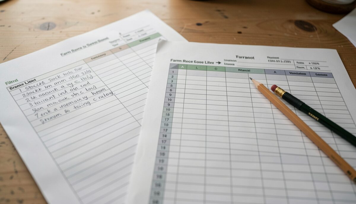 A close view of two printed farm record sheets lying side by side on a wooden desk, one showing a paper stock list in handwritten rows and the other a printed spreadsheet with an active filter arrow visible in a column header, with a pencil resting across the paper sheet.