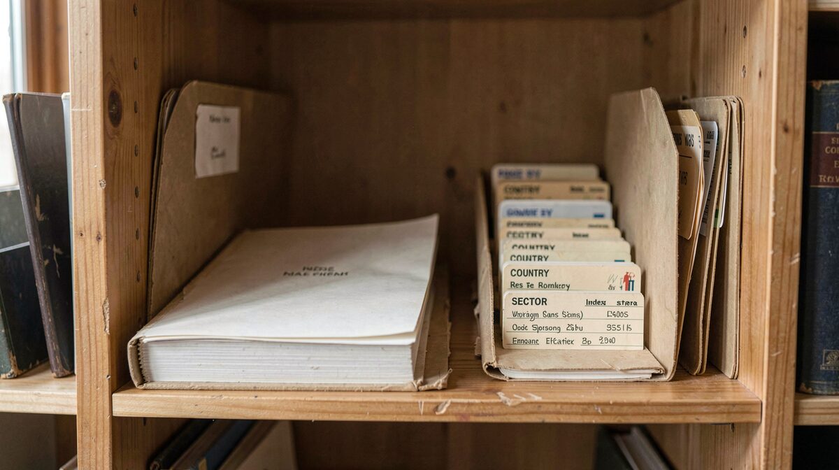 A wooden archive shelf in soft window light, holding a single paper index ledger beside worn folders of country and sector cards, photographed straight on at eye level.
