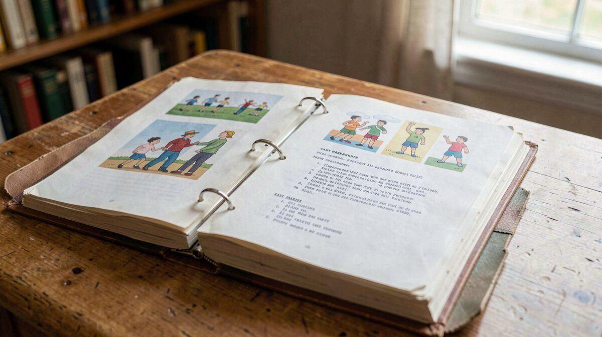 An open archive binder on a wooden library table, printed play illustrations and a typed cast list visible on the page, lit by afternoon window light, shot straight on at page level.