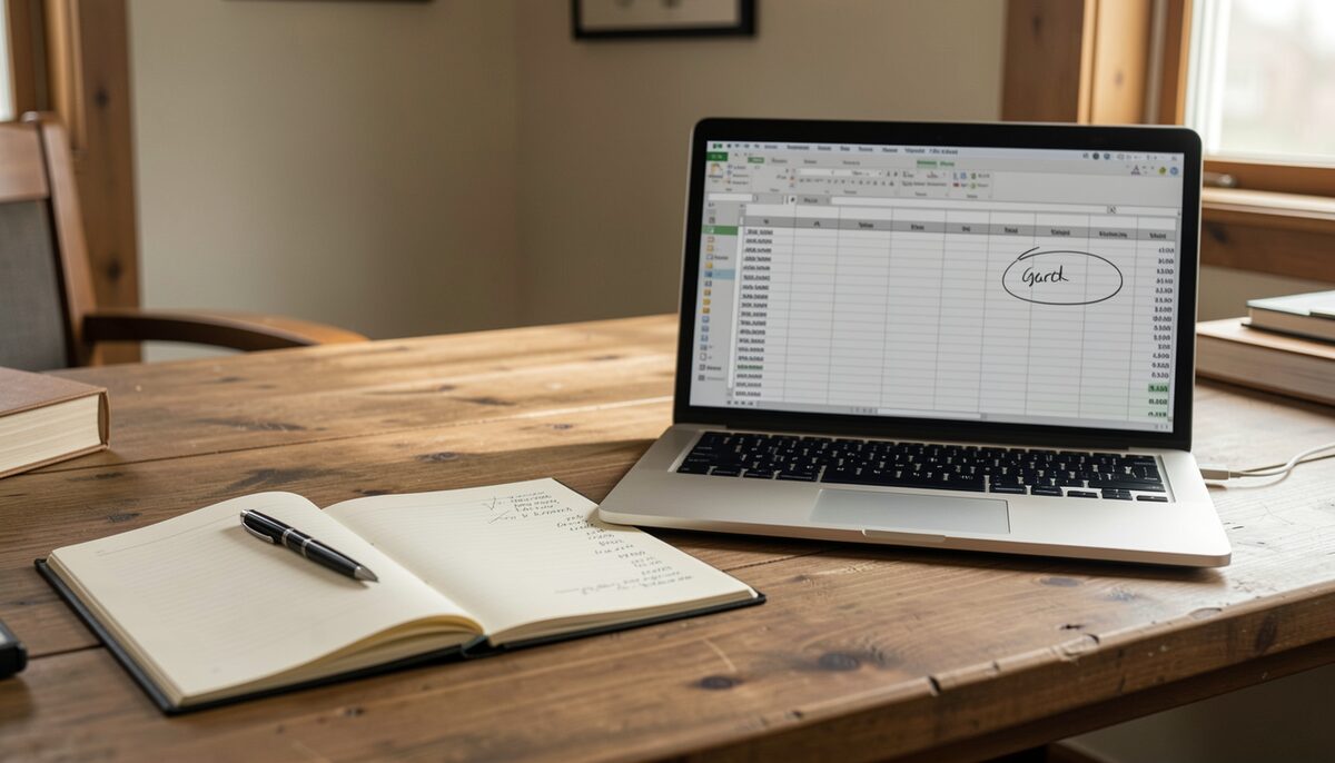 A farm office desk with an open paper stock reconciliation sheet beside a laptop showing a simple spreadsheet, both with row totals and a handwritten grand total circled in pencil.