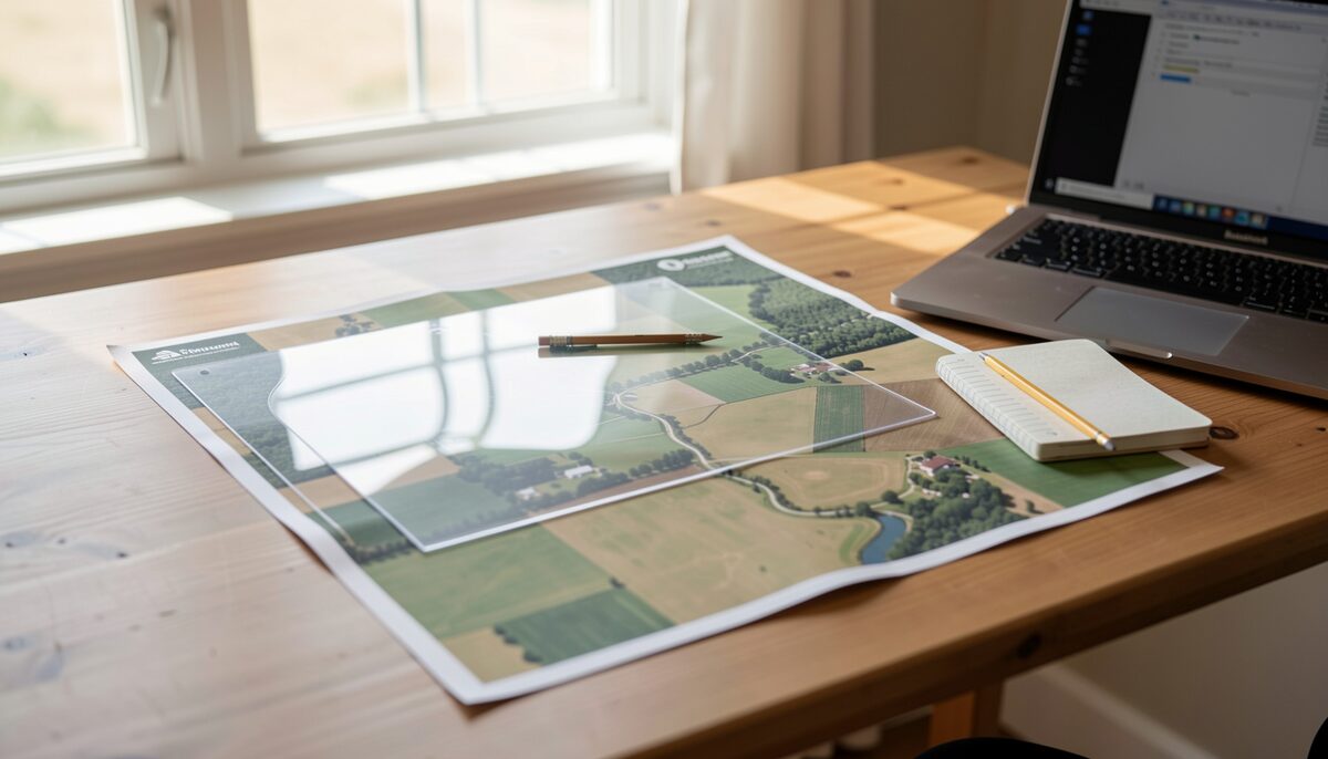 A farm office desk in daylight with a printed aerial farm map spread out, a clear plastic overlay sheet on top, a pencil and a small notebook beside it, a laptop pushed to one side.