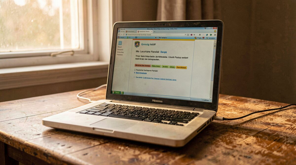 An old laptop on a wooden desk showing a simple early-2000s personal homepage, warm afternoon window light, close crop.