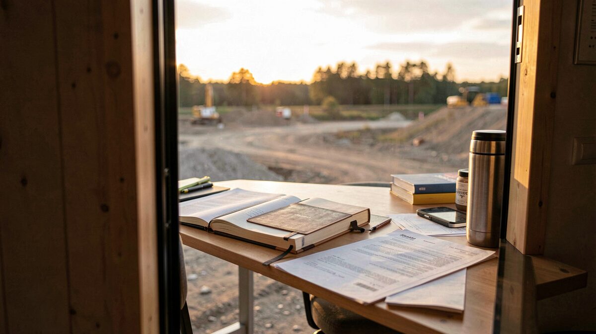 A Danish construction site office cabin at golden hour, with a hardbound daily site diary open on a cluttered desk beside a folded contract and a thermos, shot through the doorway.