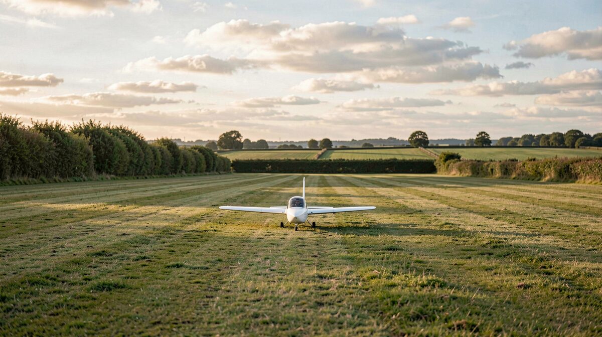 A glider resting on a grass airfield strip in soft morning light, framed wide with hedgerows and open sky.