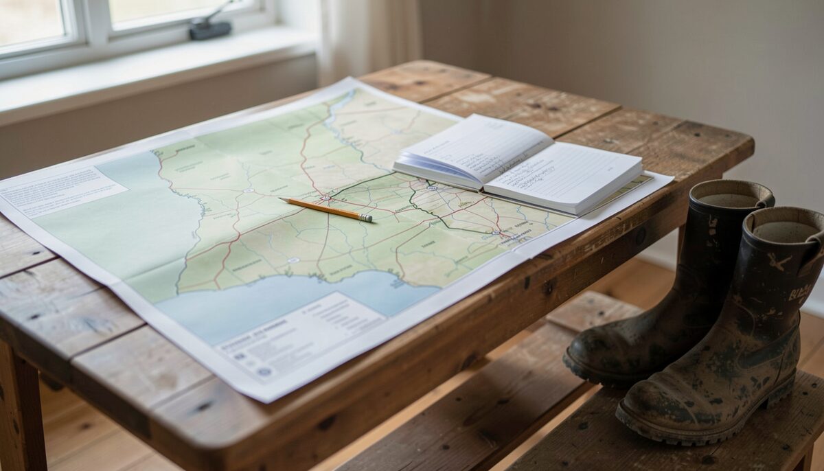 A farm map spread on a wooden table with a pencil resting on a marked boundary line, beside a folded paper field note and a pair of muddy boots on the floor, soft daylight from a window.