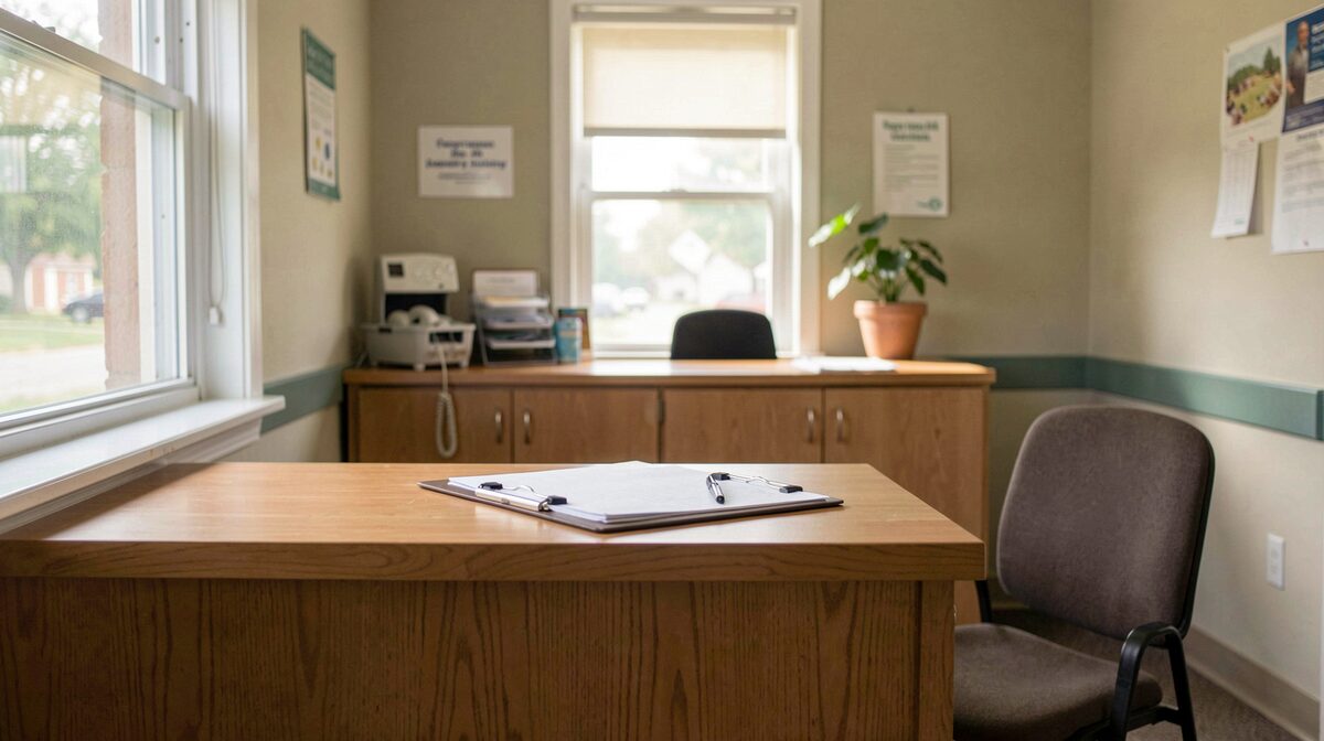 A modest reception desk in a small community health center, morning light through a window, a clipboard and chair in frame, shot straight on