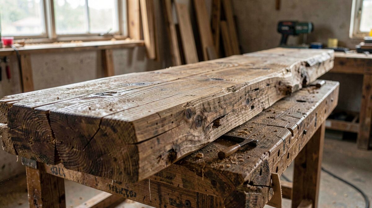 A reclaimed timber beam laid on a sawbench in a farm workshop, morning side light, grain and tool marks in sharp close focus