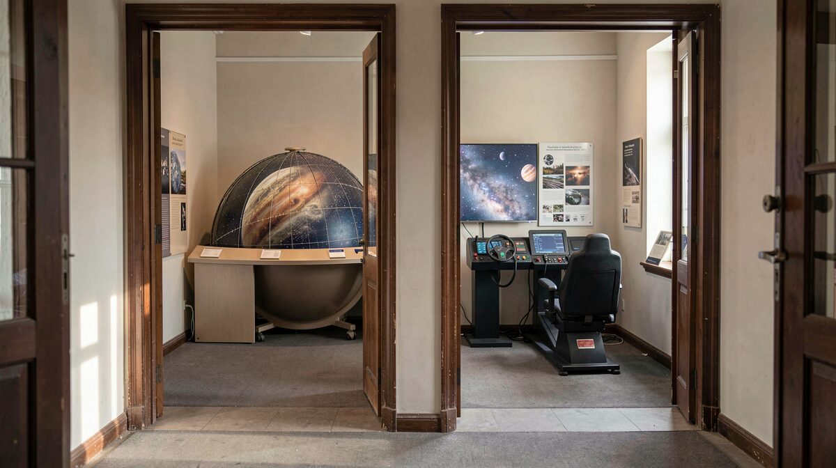 Two modest museum rooms on a main street, one showing a planetarium dome and one with flight simulator controls, lit by afternoon window light, photographed straight on from the doorway.