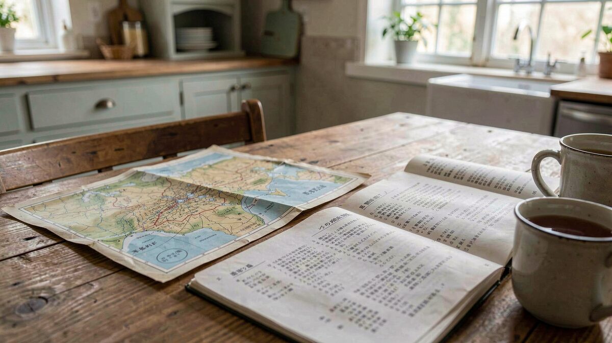 A farmer's kitchen table with a folded topographic map beside an open Japanese-language glossary printout, morning light across the pages, shot from a low angle.