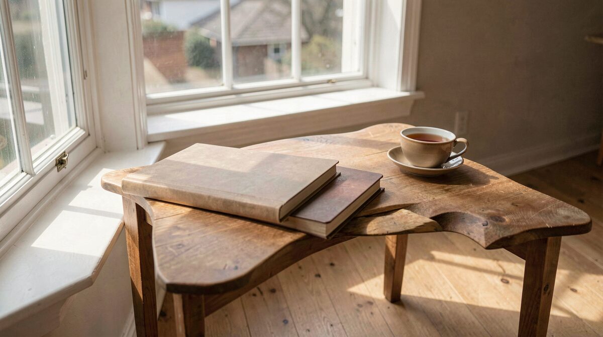 A quiet reading desk by a window with a closed notebook, a cup of tea and morning light across plain wooden floorboards, framed straight-on.