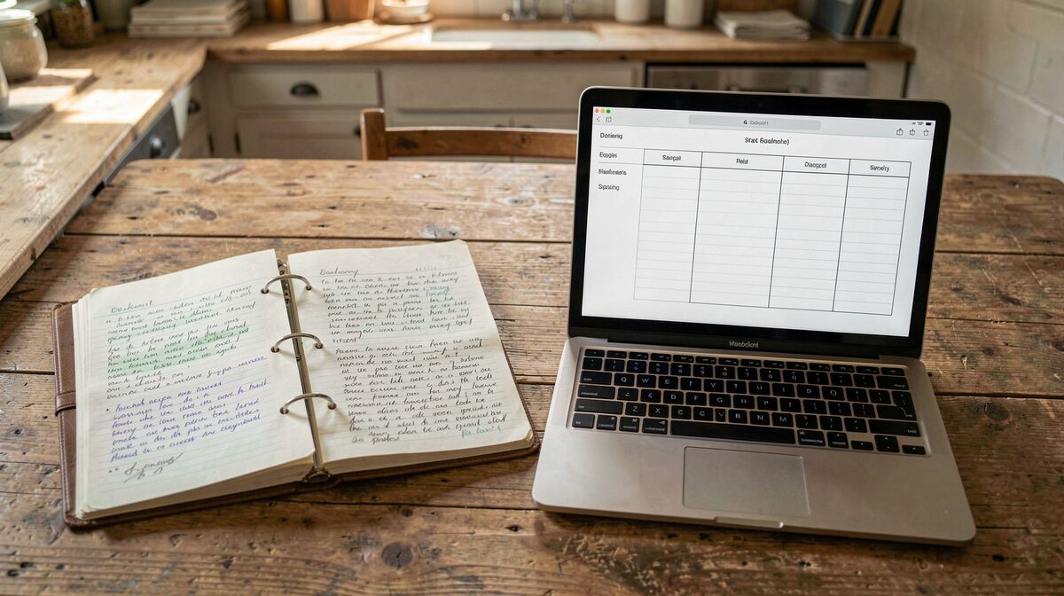 A kitchen table in a farmhouse office with an open ring binder of field notes beside a laptop showing a simple three-column comparison sheet, morning light across the pages