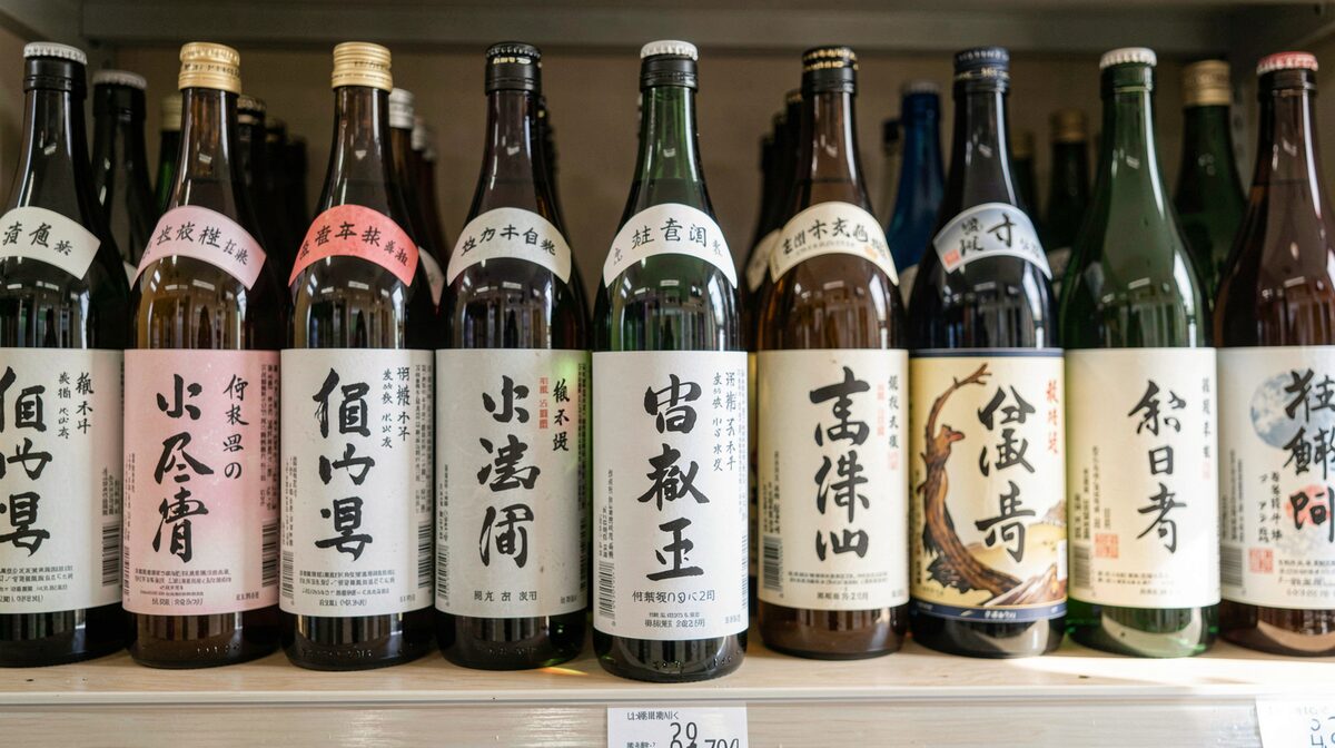 A neat supermarket or liquor store shelf of labelled sake bottles photographed straight on in soft daylight, labels legible, one bottle slightly pulled forward.