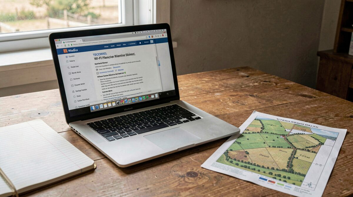 A farm office desk at mid-morning with a laptop showing a Wi-Fi standards reference page beside a notebook and a printed paddock map.